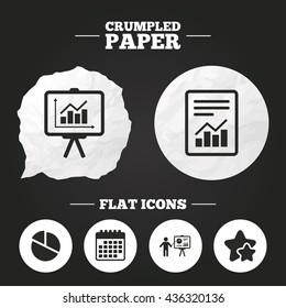Crumpled paper speech bubble. File document with diagram. Pie chart icon. Presentation billboard symbol. Supply and demand. Paper button. Vector