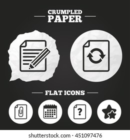 Crumpled paper speech bubble. File refresh icons. Question help and pencil edit symbols. Paper clip attach sign. Paper button. Vector