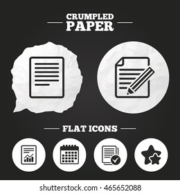 Crumpled paper speech bubble. File document icons. Document with chart or graph symbol. Edit content with pencil sign. Select file with checkbox. Paper button. Vector