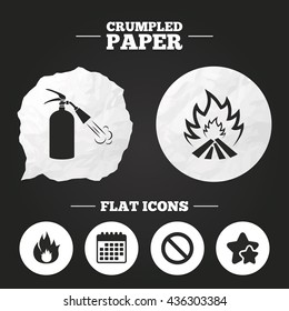 Crumpled paper speech bubble. Fire flame icons. Fire extinguisher sign. Prohibition stop symbol. Paper button. Vector
