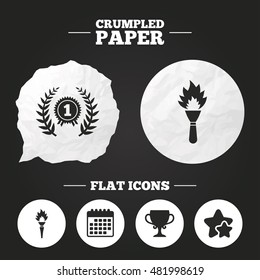 Crumpled paper speech bubble. First place award cup icons. Laurel wreath sign. Torch fire flame symbol. Prize for winner. Paper button. Vector