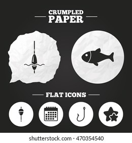 Crumpled paper speech bubble. Fishing icons. Fish with fishermen hook sign. Float bobber symbol. Paper button. Vector