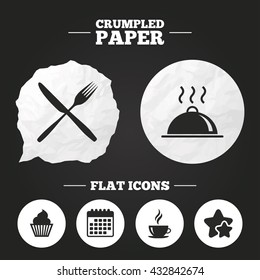 Crumpled paper speech bubble. Food and drink icons. Muffin cupcake symbol. Fork and knife sign. Hot coffee cup. Food platter serving. Paper button. Vector
