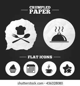 Crumpled paper speech bubble. Food and drink icons. Muffin cupcake symbol. Fork and spoon with Chef hat sign. Hot coffee cup. Food platter serving. Paper button. Vector