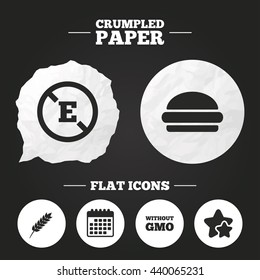 Crumpled paper speech bubble. Food additive icon. Hamburger fast food sign. Gluten free and No GMO symbols. Without E acid stabilizers. Paper button. Vector