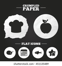Crumpled paper speech bubble. Food icons. Apple fruit with leaf symbol. Chicken hen bird meat sign. Fish and Chef hat icons. Paper button. Vector