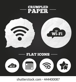 Crumpled paper speech bubble. Free Wifi Wireless Network cloud speech bubble icons. Wi-fi zone locked symbols. Password protected Wi-fi sign. Paper button. Vector