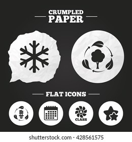 Crumpled paper speech bubble. Fresh air icon. Forest tree with leaves sign. Fluorescent energy lamp bulb symbol. A-class ventilation. Air conditioning symbol. Paper button. Vector