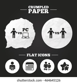 Crumpled paper speech bubble. Gamer icons. Board and PC games players signs. Player vs PC symbol. Paper button. Vector