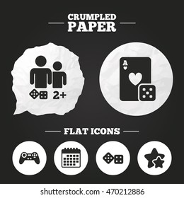 Crumpled paper speech bubble. Gamer icons. Board games players signs. Video game joystick symbol. Casino playing card. Paper button. Vector