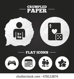 Crumpled paper speech bubble. Gamer icons. Board games players signs. Video game joystick symbol. Casino playing card. Paper button. Vector