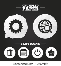 Crumpled paper speech bubble. Globe magnifier glass and cogwheel gear icons. Recycle bin delete and power sign symbols. Paper button. Vector