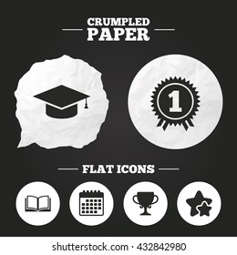 Crumpled paper speech bubble. Graduation icons. Graduation student cap sign. Education book symbol. First place award. Winners cup. Paper button. Vector