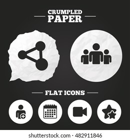 Crumpled paper speech bubble. Group of people and share icons. Add user and video camera symbols. Communication signs. Paper button. Vector