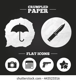 Crumpled paper speech bubble. Gun weapon icon.Knife, umbrella and photo camera signs. Edged hunting equipment. Prohibition objects. Paper button. Vector