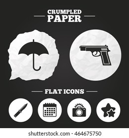 Crumpled paper speech bubble. Gun weapon icon.Knife, umbrella and photo camera with flash signs. Edged hunting equipment. Prohibition objects. Paper button. Vector