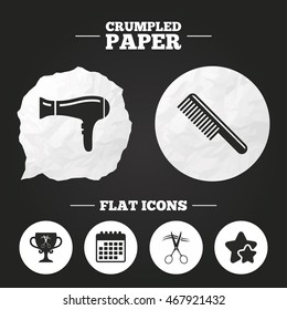 Crumpled paper speech bubble. Hairdresser icons. Scissors cut hair symbol. Comb hair with hairdryer symbol. Barbershop winner award cup. Paper button. Vector