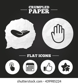 Crumpled paper speech bubble. Hand icons. Like thumb up symbol. Click here press sign. Helping donation hand. Paper button. Vector