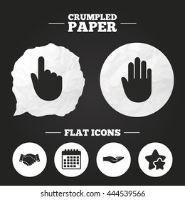Crumpled paper speech bubble. Hand icons. Handshake successful business symbol. Click here press sign. Human helping donation hand. Paper button. Vector