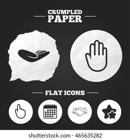Crumpled paper speech bubble. Hand icons. Handshake successful business symbol. Click here press sign. Human helping donation hand. Paper button. Vector