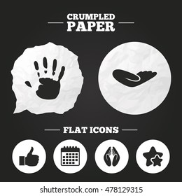Crumpled paper speech bubble. Hand icons. Like thumb up symbol. Insurance protection sign. Human helping donation hand. Prayer hands. Paper button. Vector