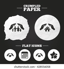 Crumpled paper speech bubble. Hands insurance icons. Human life insurance symbols. Nature leaf protection symbol. House property insurance sign. Paper button. Vector