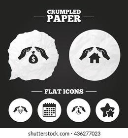 Crumpled paper speech bubble. Hands insurance icons. Money bag savings insurance symbols. Disabled human help symbol. House property insurance sign. Paper button. Vector