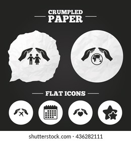 Crumpled paper speech bubble. Hands insurance icons. Human life insurance symbols. Heart health sign. Travel flight symbol. Save world planet. Paper button. Vector