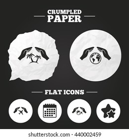 Crumpled paper speech bubble. Hands insurance icons. Palm trees symbol. Travel trip flight insurance symbol. World globe sign. Paper button. Vector