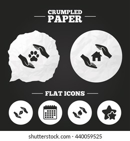 Crumpled paper speech bubble. Hands insurance icons. Shelter for pets dogs symbol. Save water drop symbol. House property insurance sign. Paper button. Vector
