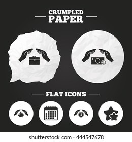Crumpled paper speech bubble. Hands insurance icons. Piggy bank moneybox symbol. Money savings insurance signs. Travel luggage and cash coin symbols. Paper button. Vector