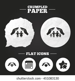 Crumpled paper speech bubble. Hands insurance icons. Couple and family life insurance symbols. Heart health sign. Diamond jewelry symbol. Paper button. Vector