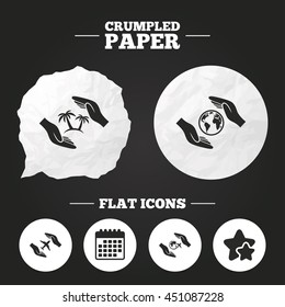 Crumpled paper speech bubble. Hands insurance icons. Palm trees symbol. Travel trip flight insurance symbol. World globe sign. Paper button. Vector