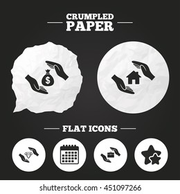 Crumpled paper speech bubble. Hands insurance icons. Money bag savings insurance symbols. Jewelry diamond symbol. House property insurance sign. Paper button. Vector