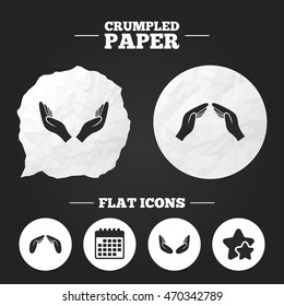 Crumpled paper speech bubble. Hands icons. Insurance protection signs. Human helping donation hands. Prayer meditation hands sybmols. Paper button. Vector