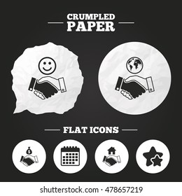 Crumpled paper speech bubble. Handshake icons. World, Smile happy face and house building symbol. Dollar cash money bag. Amicable agreement. Paper button. Vector