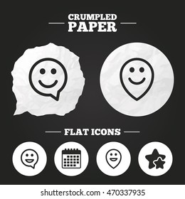 Crumpled paper speech bubble. Happy face speech bubble icons. Smile sign. Map pointer symbols. Paper button. Vector