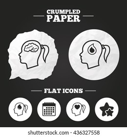 Crumpled paper speech bubble. Head with brain icon. Female woman think symbols. Blood drop donation signs. Love heart. Paper button. Vector