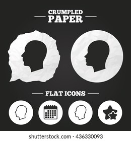 Crumpled paper speech bubble. Head icons. Male and female human sign symbols. Paper button. Vector