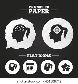 Crumpled paper speech bubble. Head with brain and idea lamp bulb icons. Female woman think symbols. Cogwheel gears signs. Love heart. Paper button. Vector