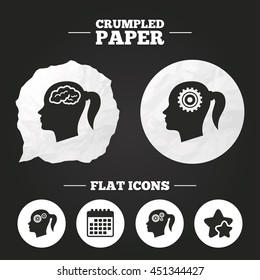 Crumpled paper speech bubble. Head with brain icon. Female woman think symbols. Cogwheel gears signs. Paper button. Vector