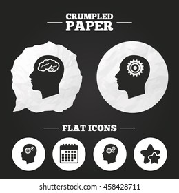 Crumpled paper speech bubble. Head with brain icon. Male human think symbols. Cogwheel gears signs. Paper button. Vector