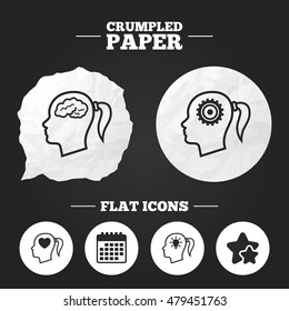 Crumpled paper speech bubble. Head with brain and idea lamp bulb icons. Female woman think symbols. Cogwheel gears signs. Love heart. Paper button. Vector