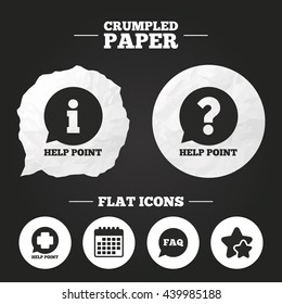 Crumpled paper speech bubble. Help point icons. Question and information symbols. FAQ speech bubble signs. Paper button. Vector