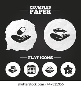 Crumpled paper speech bubble. Helping hands icons. Protection and insurance symbols. Save money, car and health medical insurance. Agriculture wheat sign. Paper button. Vector