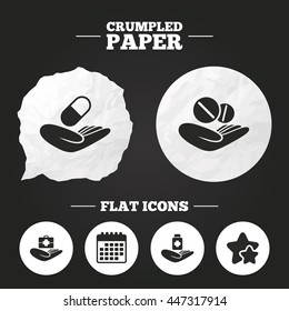 Crumpled paper speech bubble. Helping hands icons. Medical health insurance symbols. Drugs pills bottle signs. Medicine tablets. Paper button. Vector
