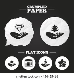 Crumpled paper speech bubble. Helping hands icons. Protection and insurance symbols. Financial money savings, save forest. Diamond brilliant sign. Disabled human. Paper button. Vector