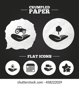 Crumpled paper speech bubble. Helping hands icons. Agricultural tractor insurance symbol. Delivery truck sign. 