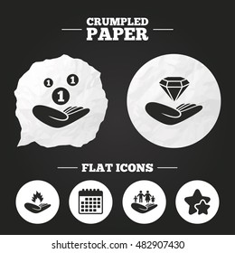 Crumpled paper speech bubble. Helping hands icons. Financial money savings, family life insurance symbols. Diamond brilliant sign. Fire protection. Paper button. Vector