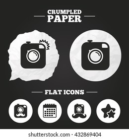 Crumpled paper speech bubble. Hipster photo camera with mustache icons. Retro camera symbols. Paper button. Vector